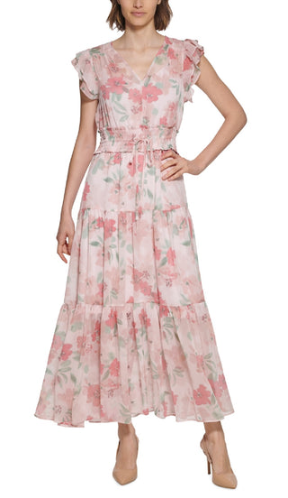 Vestido longo feminino Calvin Klein com estampa floral, cintura franzida e camadas, rosa, tamanho 4