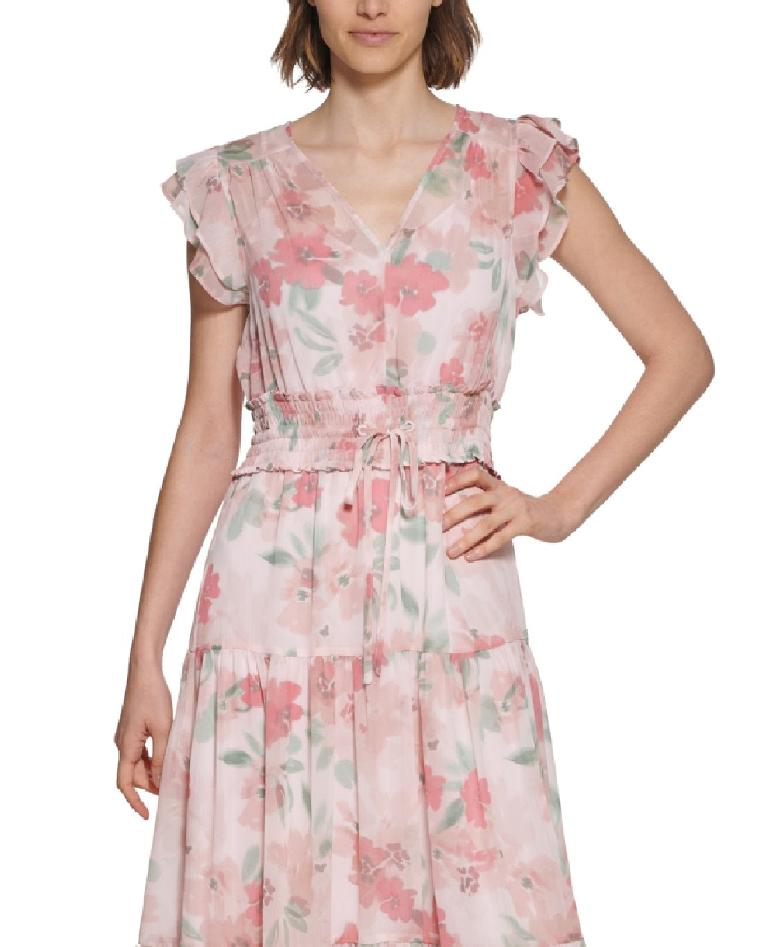 Vestido longo feminino Calvin Klein com estampa floral, cintura franzida e camadas, rosa, tamanho 4