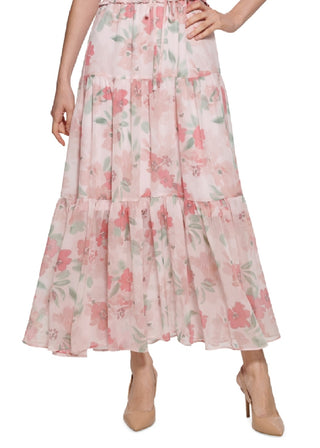 Vestido longo feminino Calvin Klein com estampa floral, cintura franzida e camadas, rosa, tamanho 4