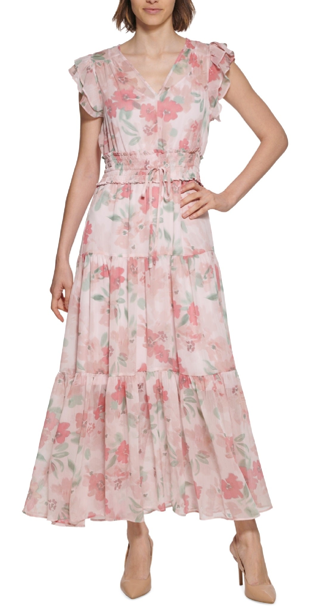 Vestido longo feminino Calvin Klein com estampa floral, cintura franzida e camadas, rosa, tamanho 2