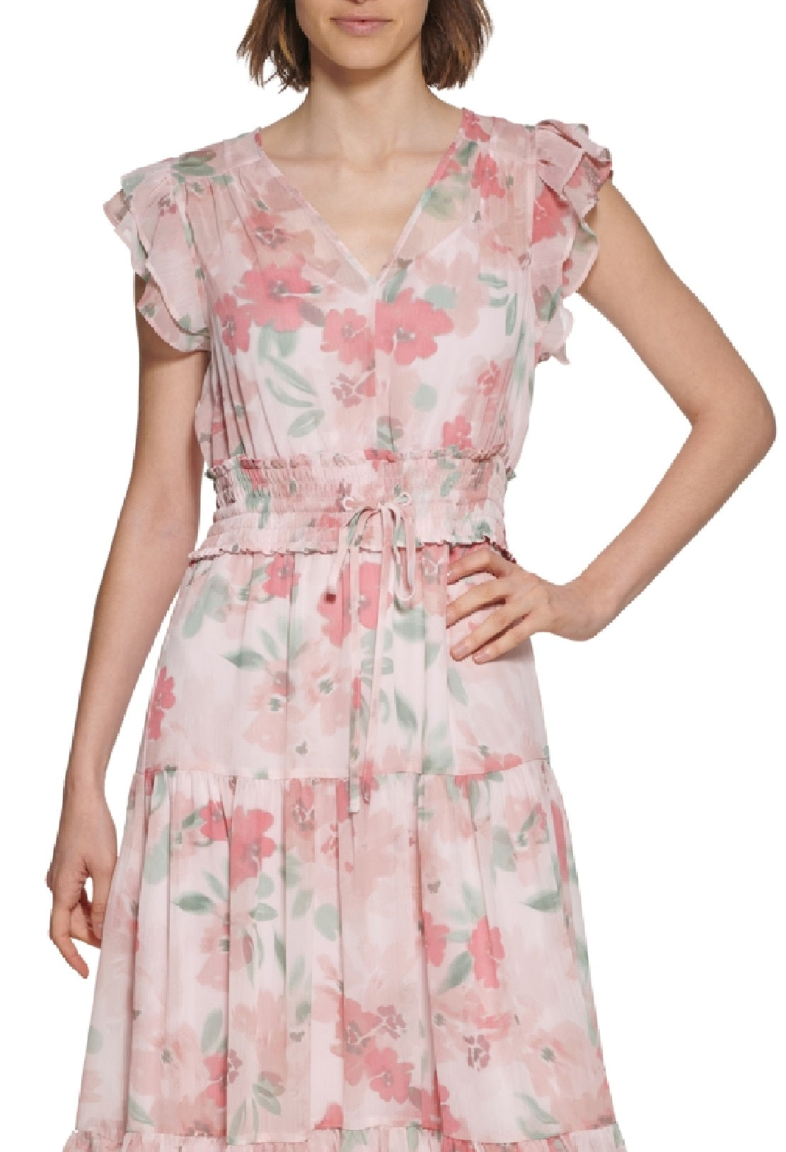 Vestido longo feminino Calvin Klein com estampa floral, cintura franzida e camadas, rosa, tamanho 2