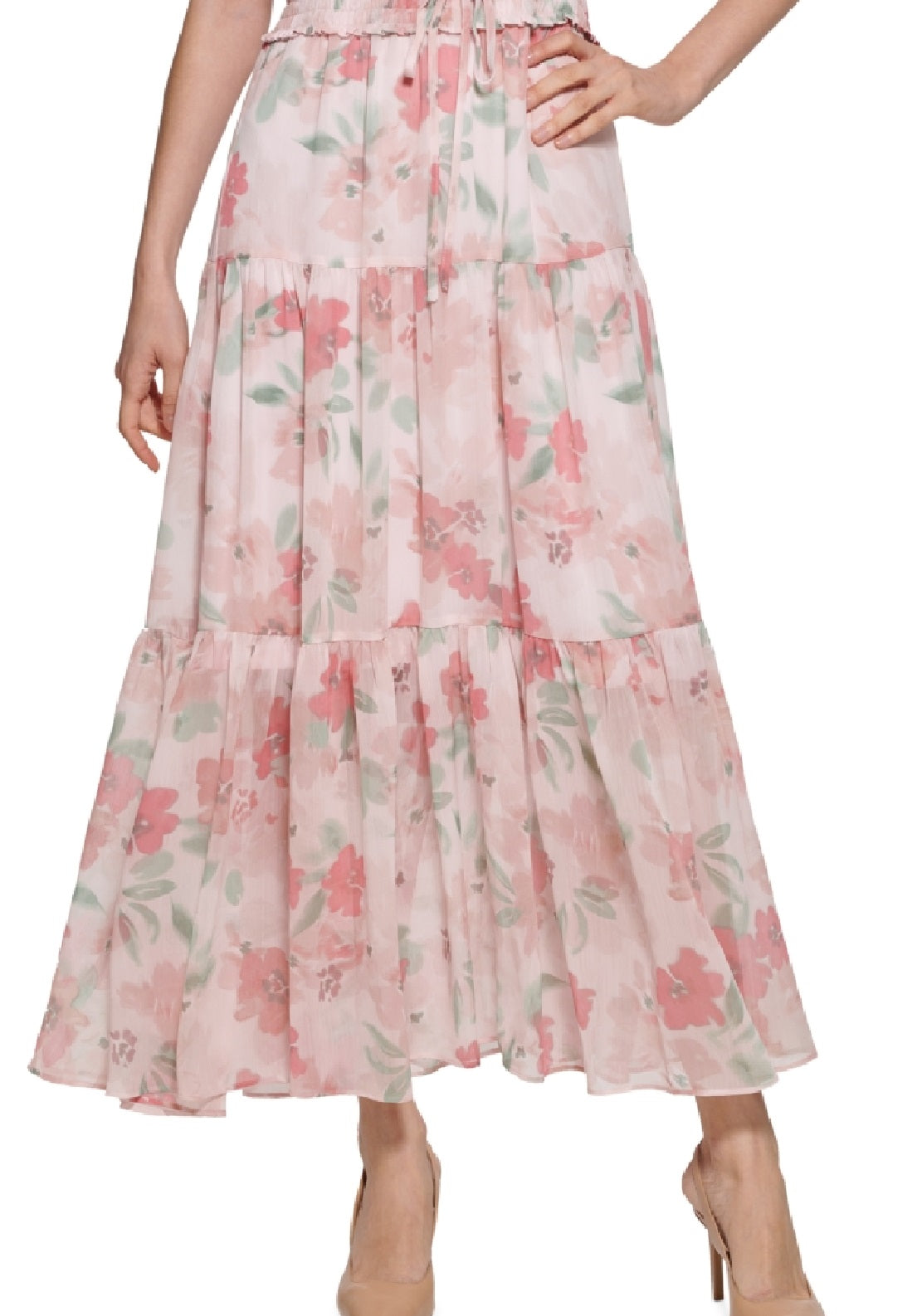 Vestido longo feminino Calvin Klein com estampa floral, cintura franzida e camadas, rosa, tamanho 2