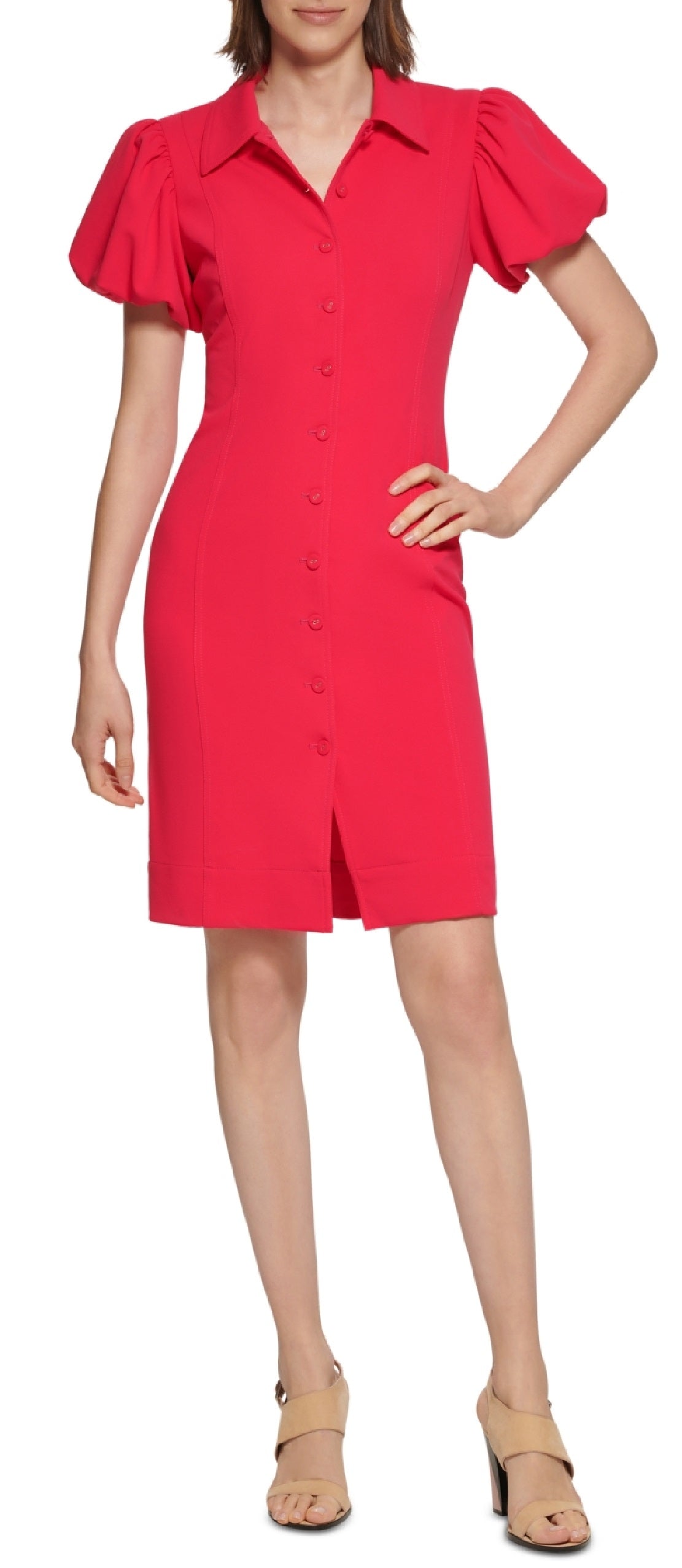 calvin-klein-womens-puff-sleeve-button-front-dress-pink-size-4