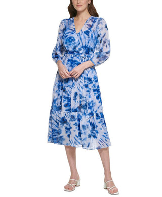 Calvin Klein Women's Tie Dye Metallic Tiered Dress Blue Size 2
