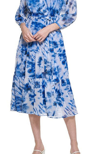 Calvin Klein Women's Tie Dye Metallic Tiered Dress Blue Size 2