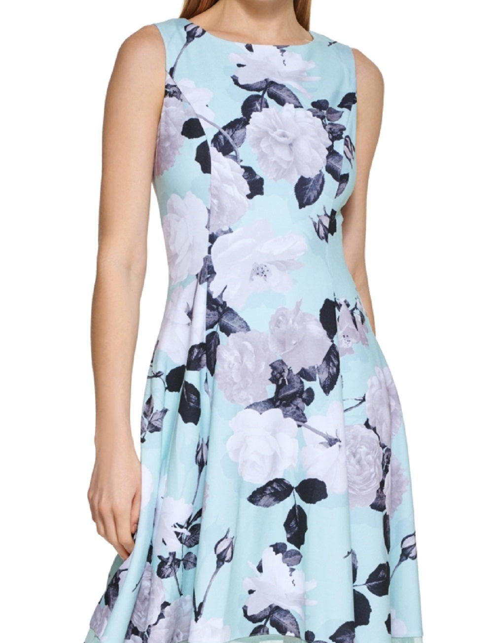 Vestido midi feminino Calvin Klein com estampa floral e bainha ilusória, azul, tamanho 4
