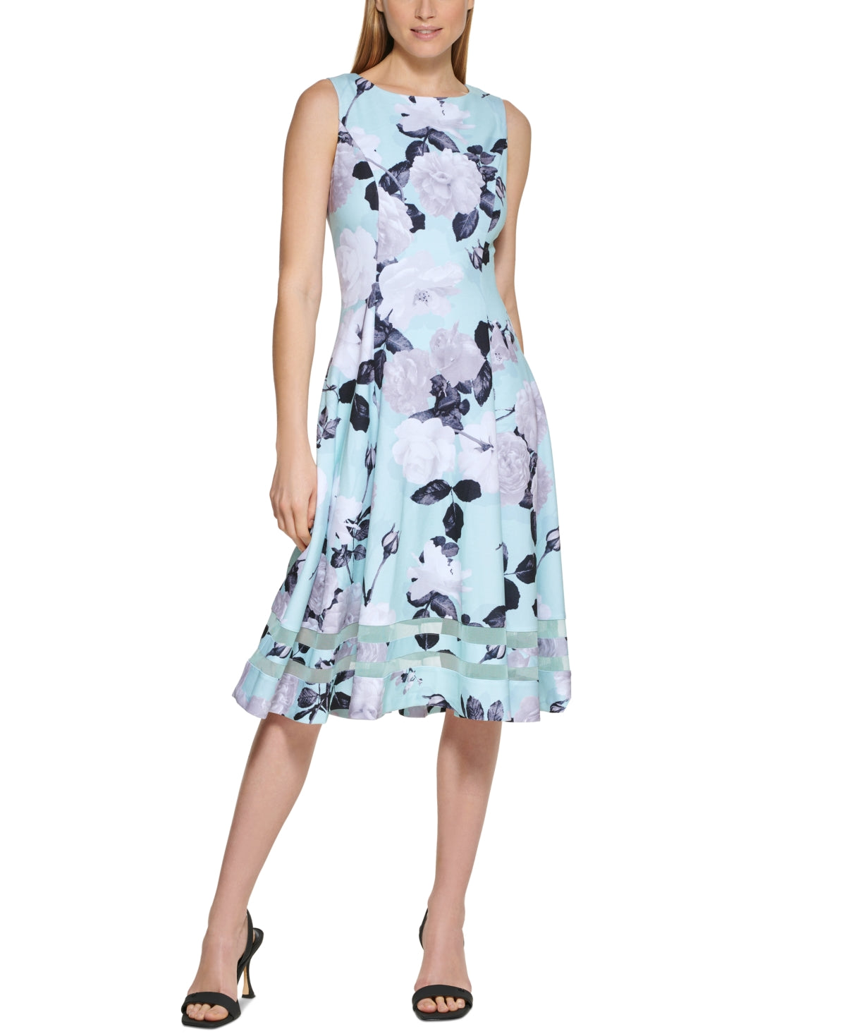 Vestido midi feminino Calvin Klein com estampa floral e bainha ilusória, azul, tamanho 4