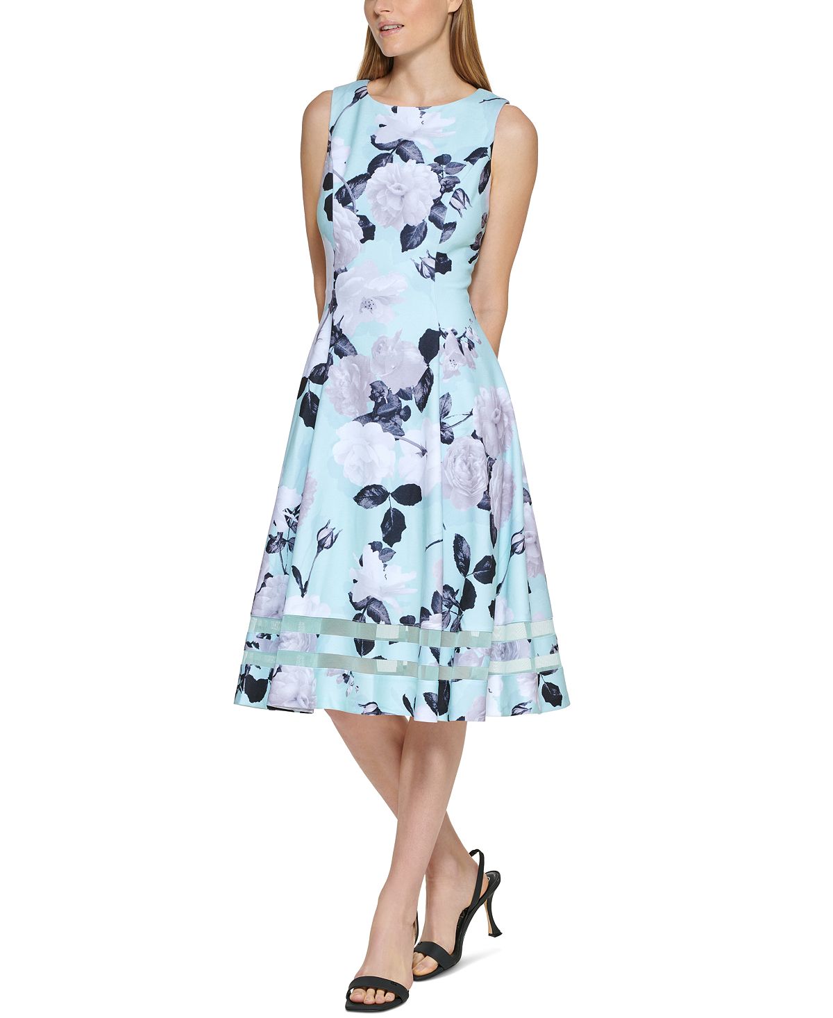 Vestido midi feminino Calvin Klein com estampa floral e bainha ilusória, azul, tamanho 2