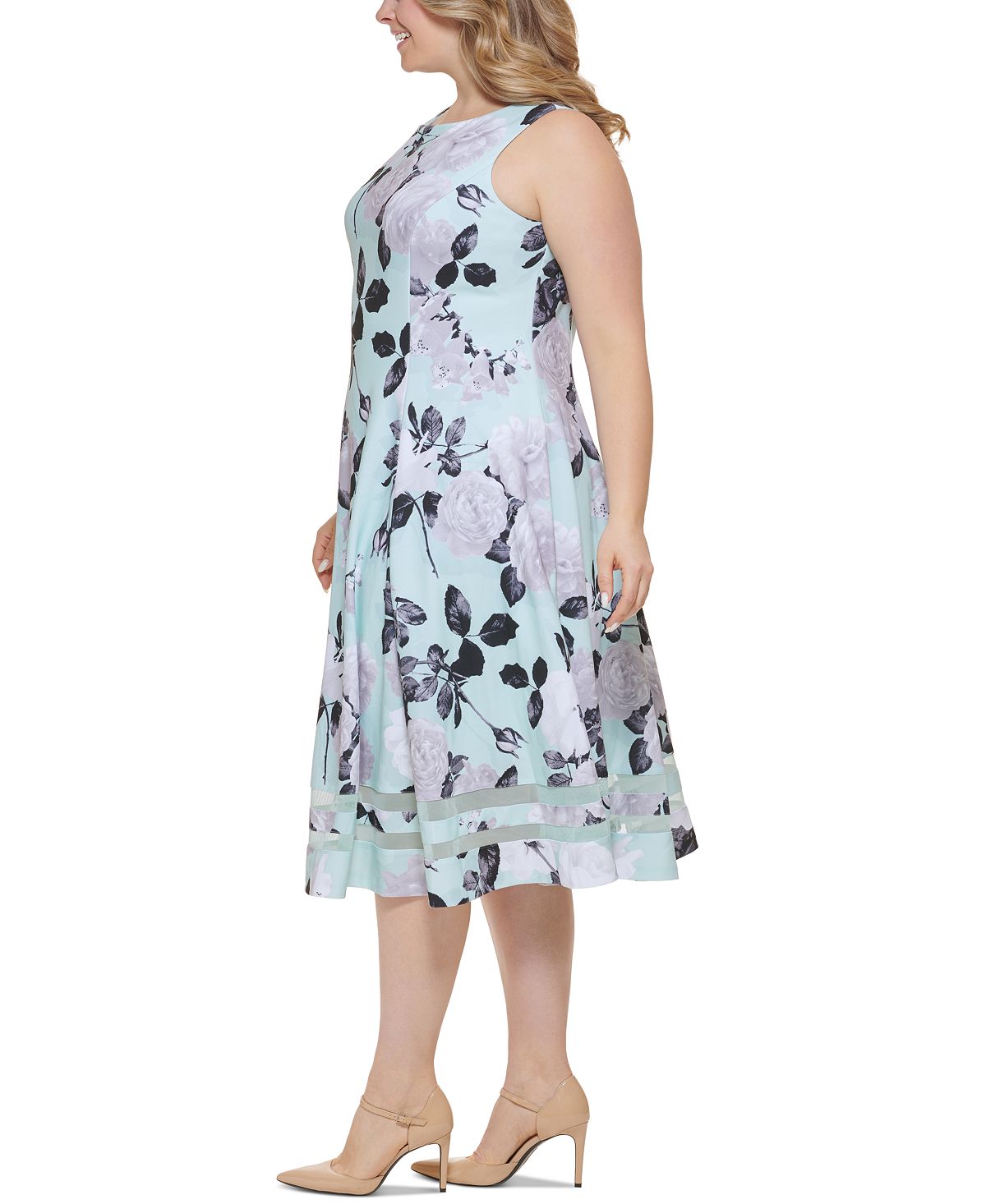 Vestido midi Calvin Klein feminino plus size com estampa floral e panturrilha, azul, tamanho 18W