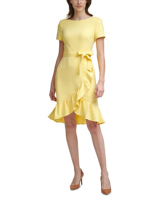 Vestido Calvin Klein Feminino com Babados e Babados em Crepe Scuba Amarelo Tamanho 12 Petite
