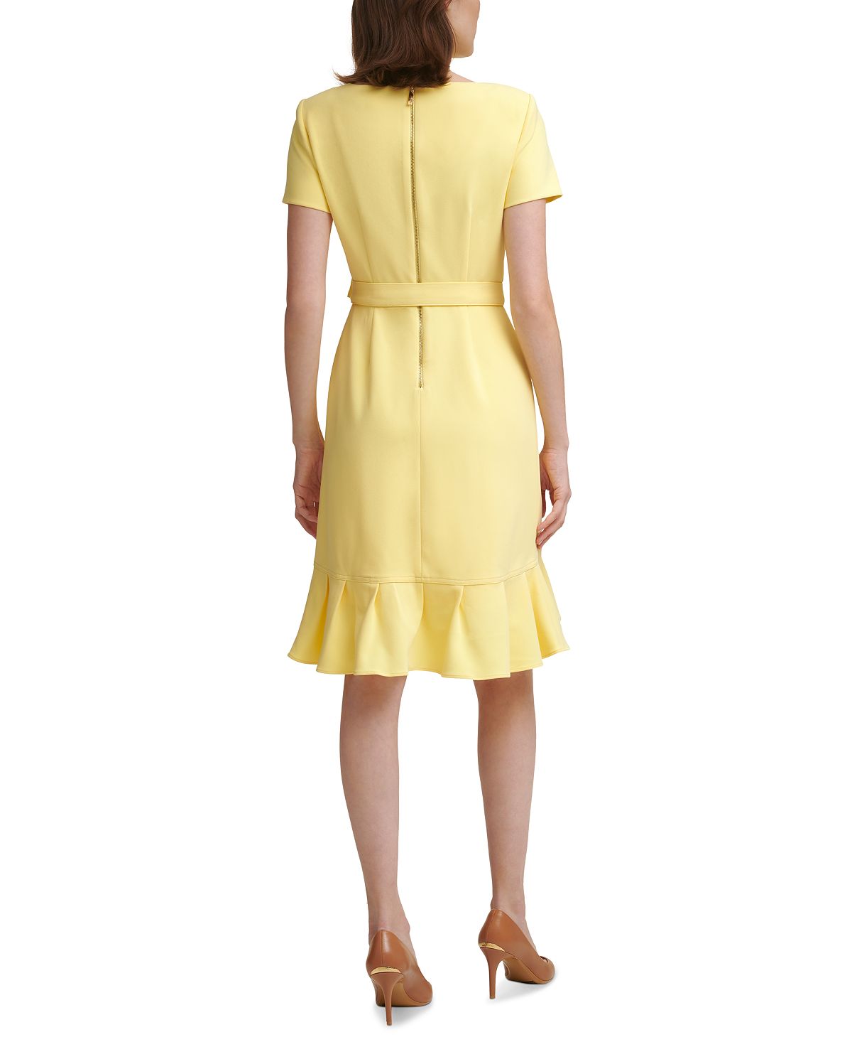 Vestido Calvin Klein Feminino com Babados e Babados em Crepe Scuba Amarelo Tamanho 12 Petite