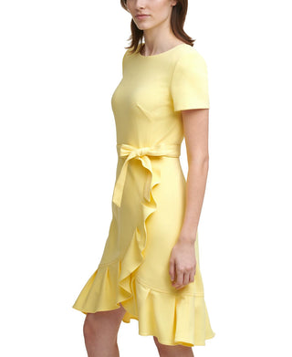 Vestido Calvin Klein Feminino com Babados e Babados em Crepe Scuba Amarelo Tamanho 12 Petite