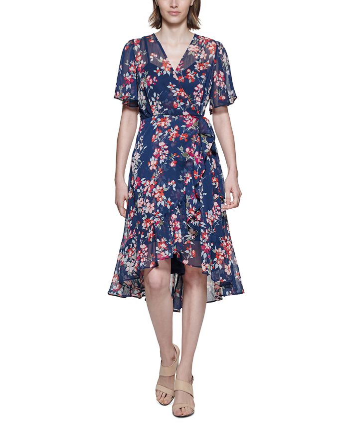 Vestido Calvin Klein Feminino Surplice High Low Azul Tamanho 8 Petite