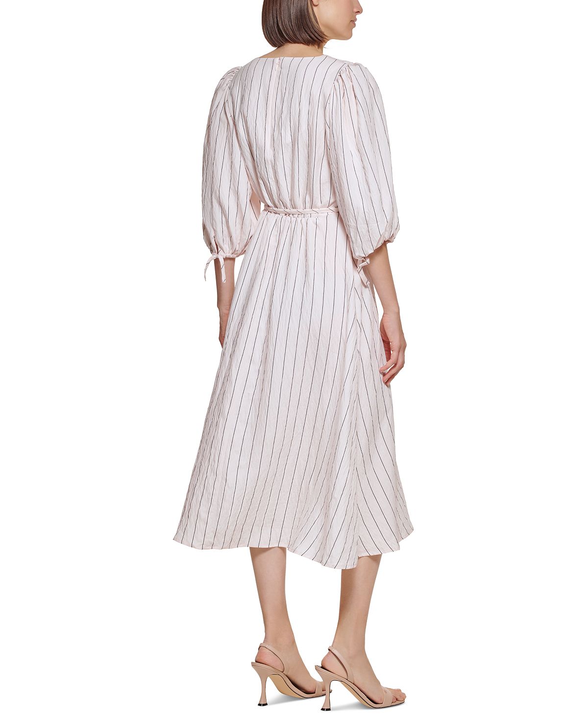 Vestido midi listrado com manga bufante Calvin Klein feminino, preto, tamanho 4