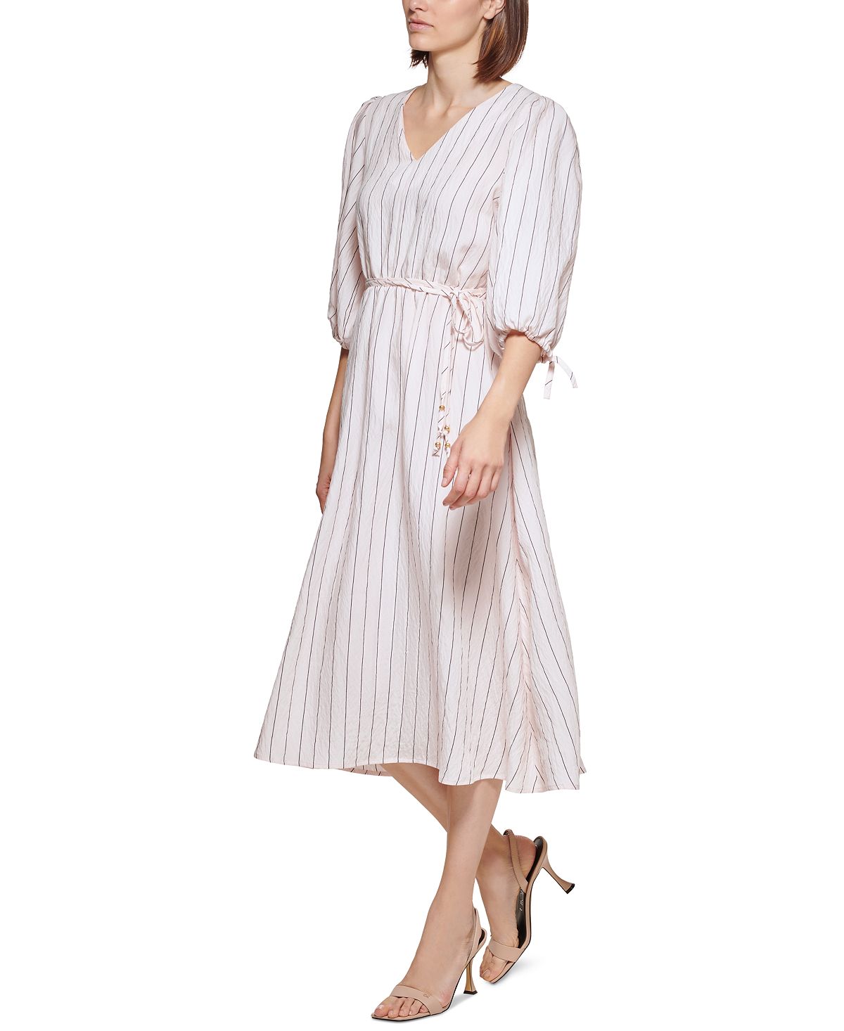 Vestido midi listrado com manga bufante Calvin Klein feminino, preto, tamanho 4