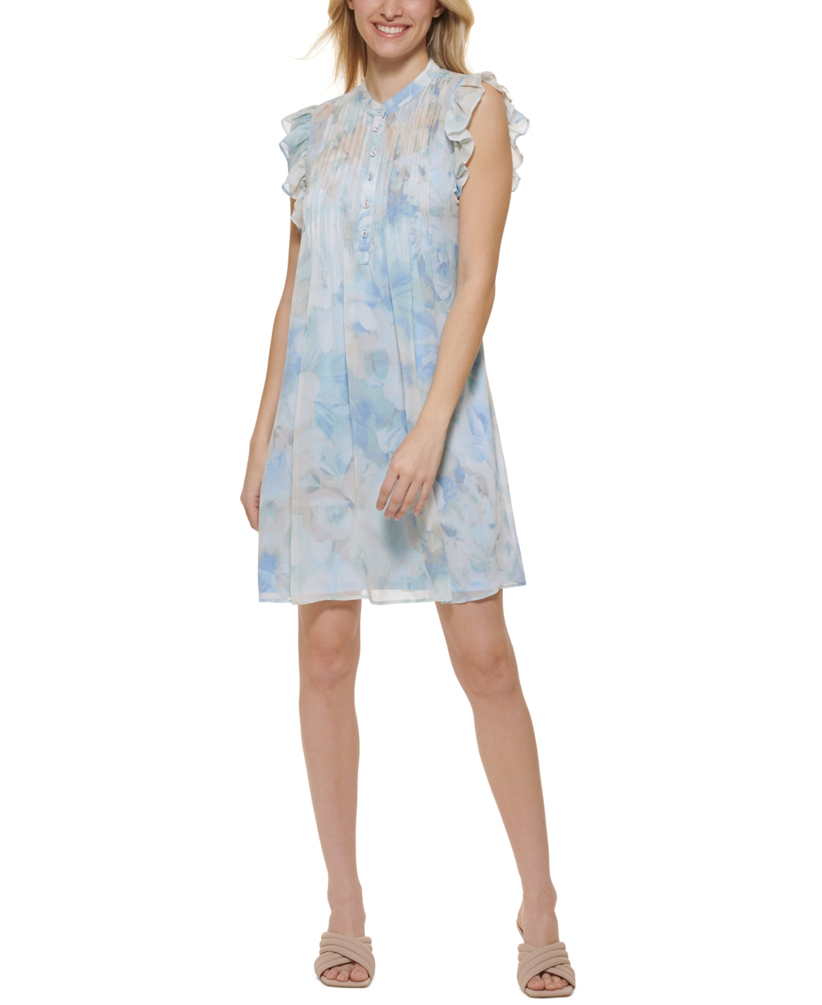 Vestido Calvin Klein Feminino Estampado Manga Flutter A Azul Tamanho 10