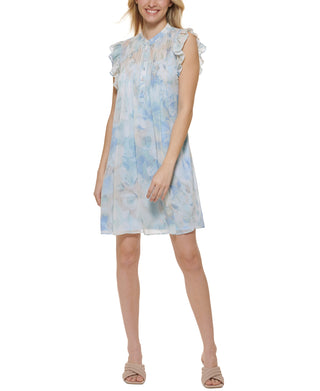 Calvin Klein Women's Printed Flutter Sleeve A Line Dress Blue Size 10