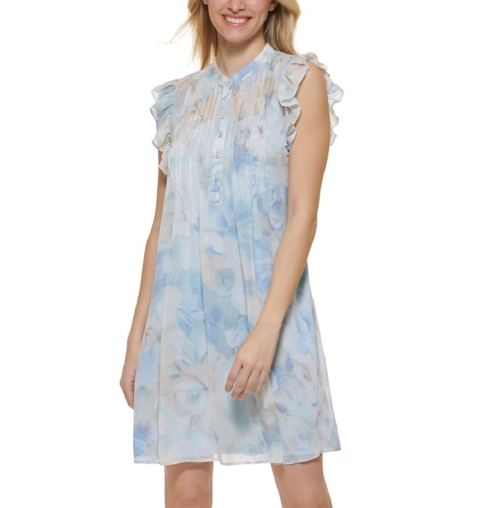 Vestido Calvin Klein Feminino Estampado Manga Flutter A Azul Tamanho 10