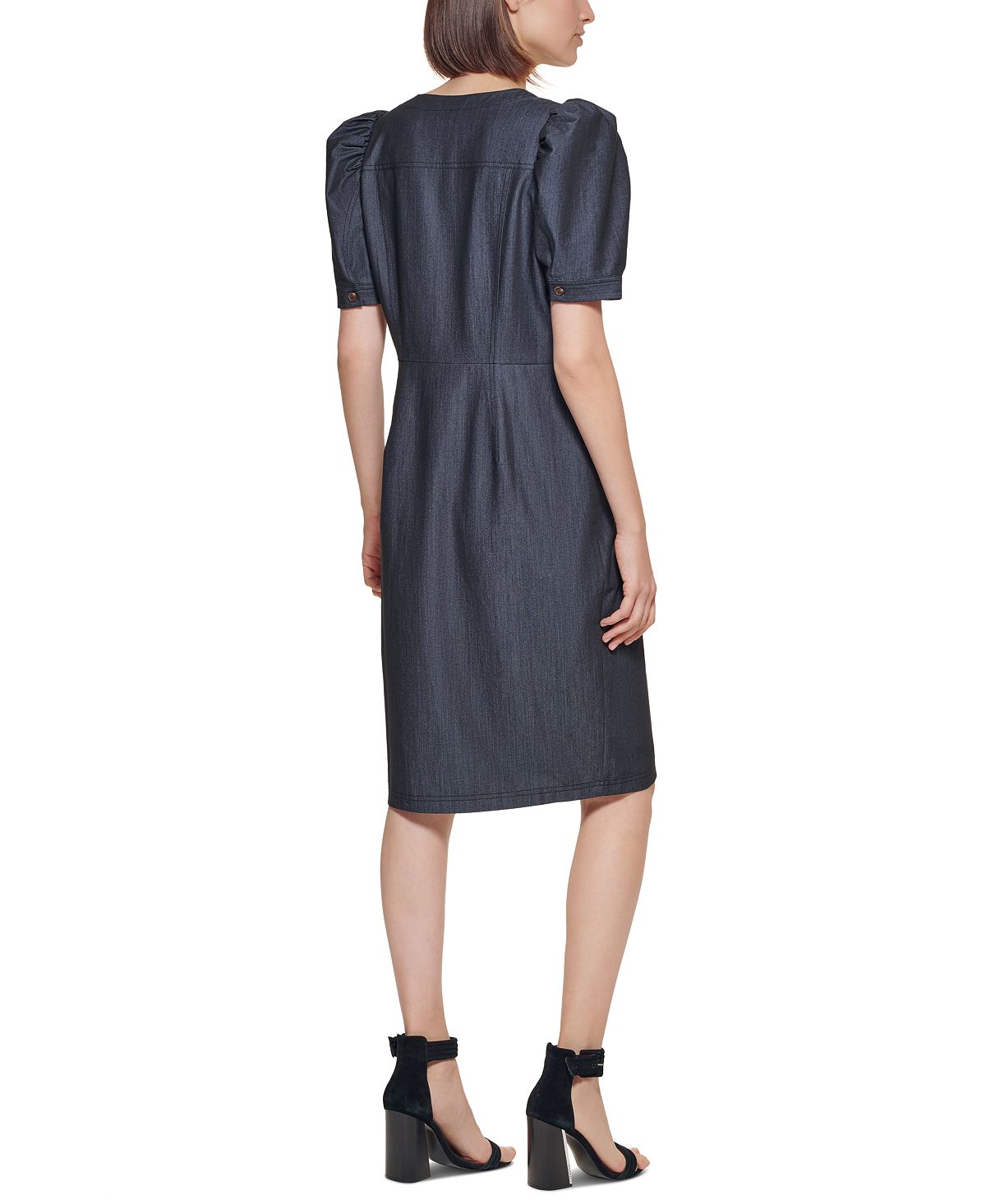 Vestido jeans feminino Calvin Klein com manga bufante e bainha azul, tamanho 10