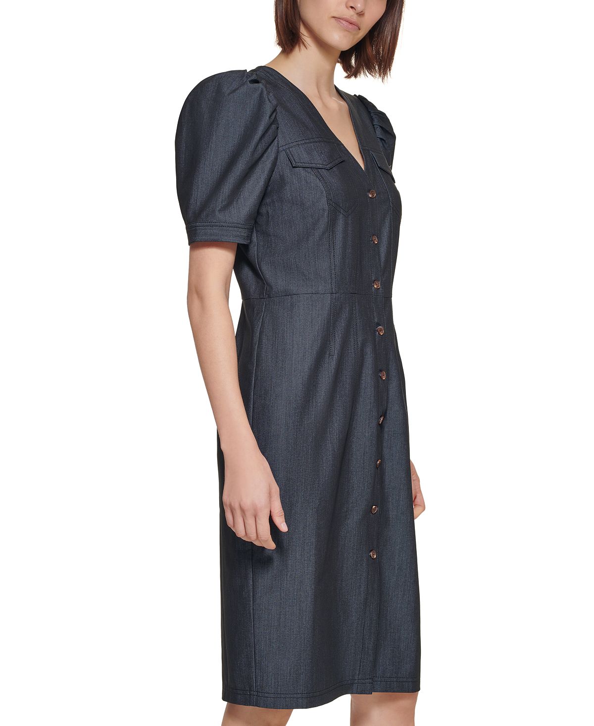 Vestido jeans feminino Calvin Klein com manga bufante e bainha azul, tamanho 10