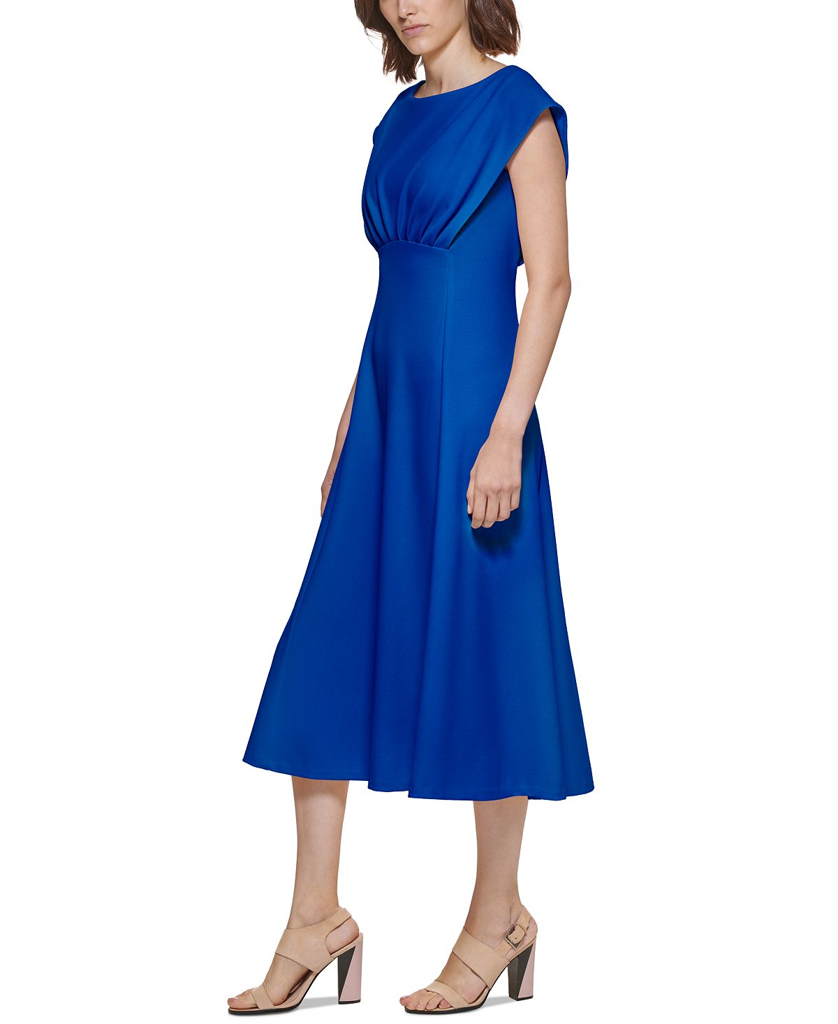 Vestido midi feminino Calvin Klein com manga curta, azul, tamanho 2