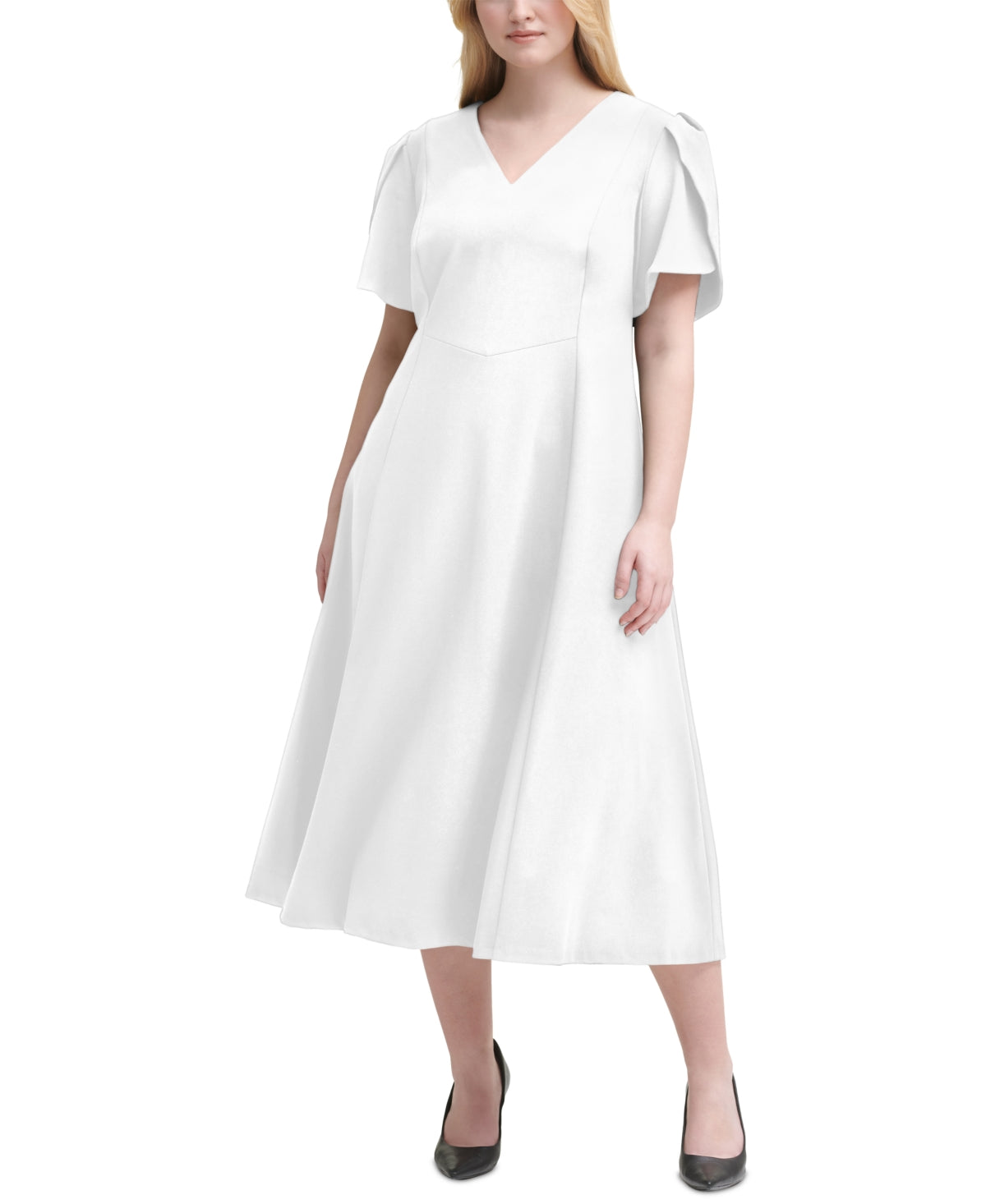 Vestido midi feminino Calvin Klein com manga tulipa, branco, tamanho 20W