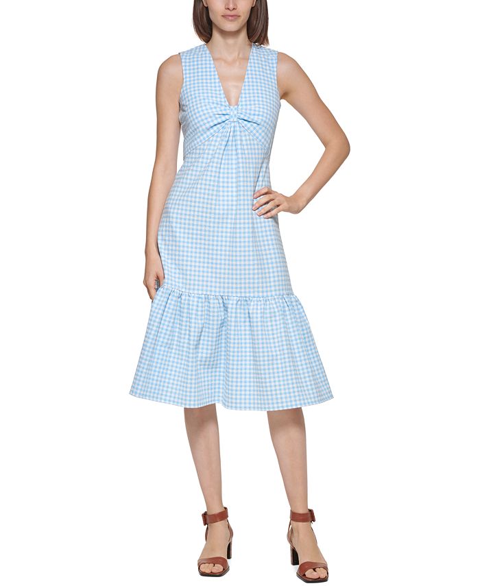 Vestido midi xadrez Calvin Klein feminino com nó frontal, azul, tamanho 8