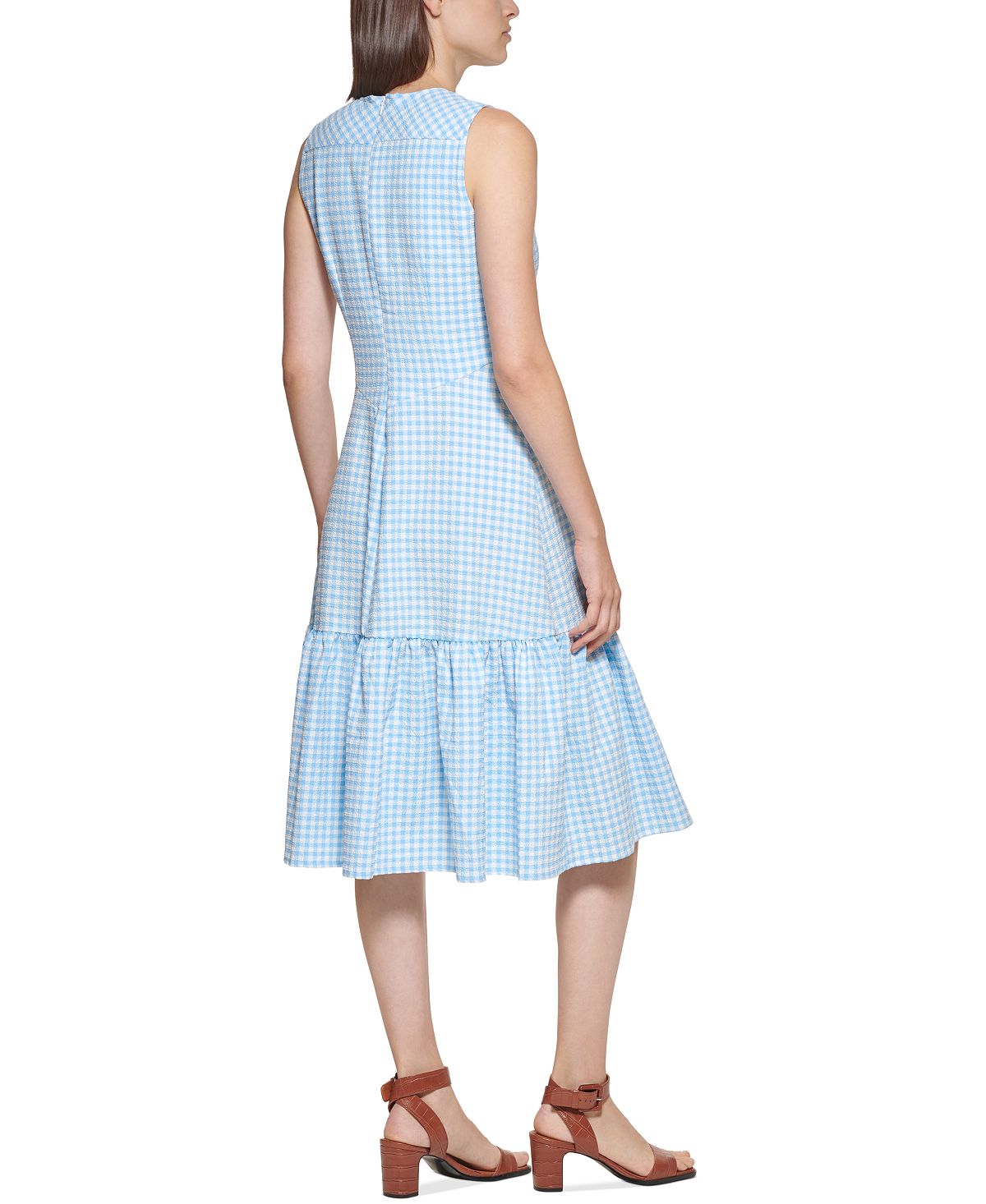Vestido midi xadrez Calvin Klein feminino com nó frontal, azul, tamanho 8