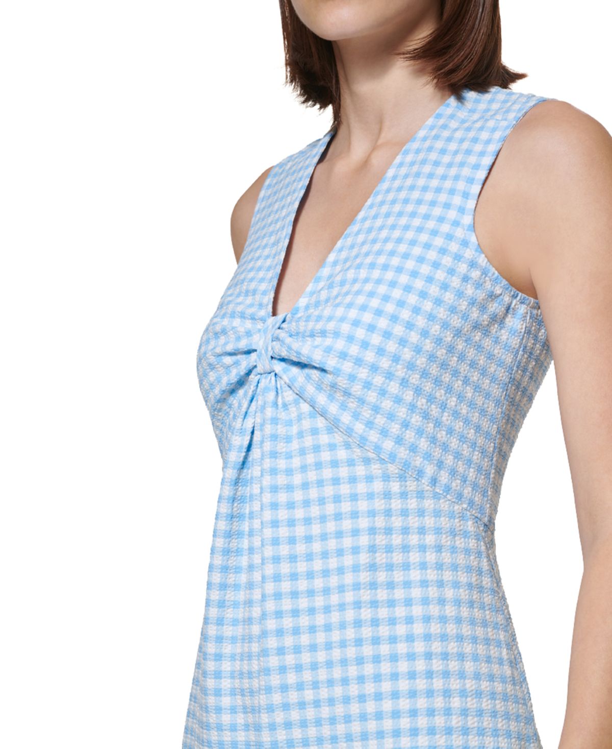 Vestido midi xadrez Calvin Klein feminino com nó frontal, azul, tamanho 8