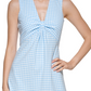 Vestido midi xadrez Calvin Klein feminino com nó frontal, azul, tamanho 8