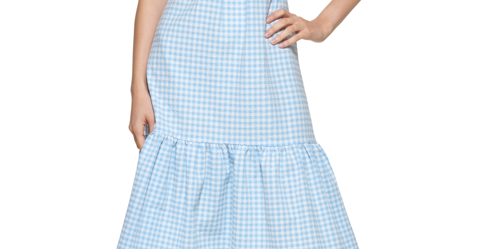 Vestido midi xadrez Calvin Klein feminino com nó frontal, azul, tamanho 8