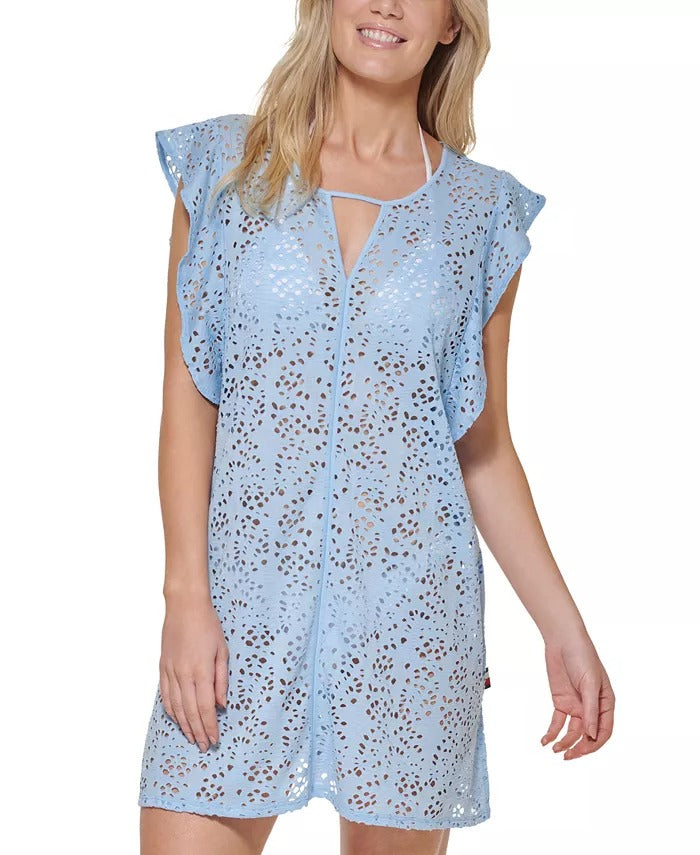 Tommy Hilfiger Maiô Feminino com Ilhós e Mangas Flutuantes Azul Tamanho Grande