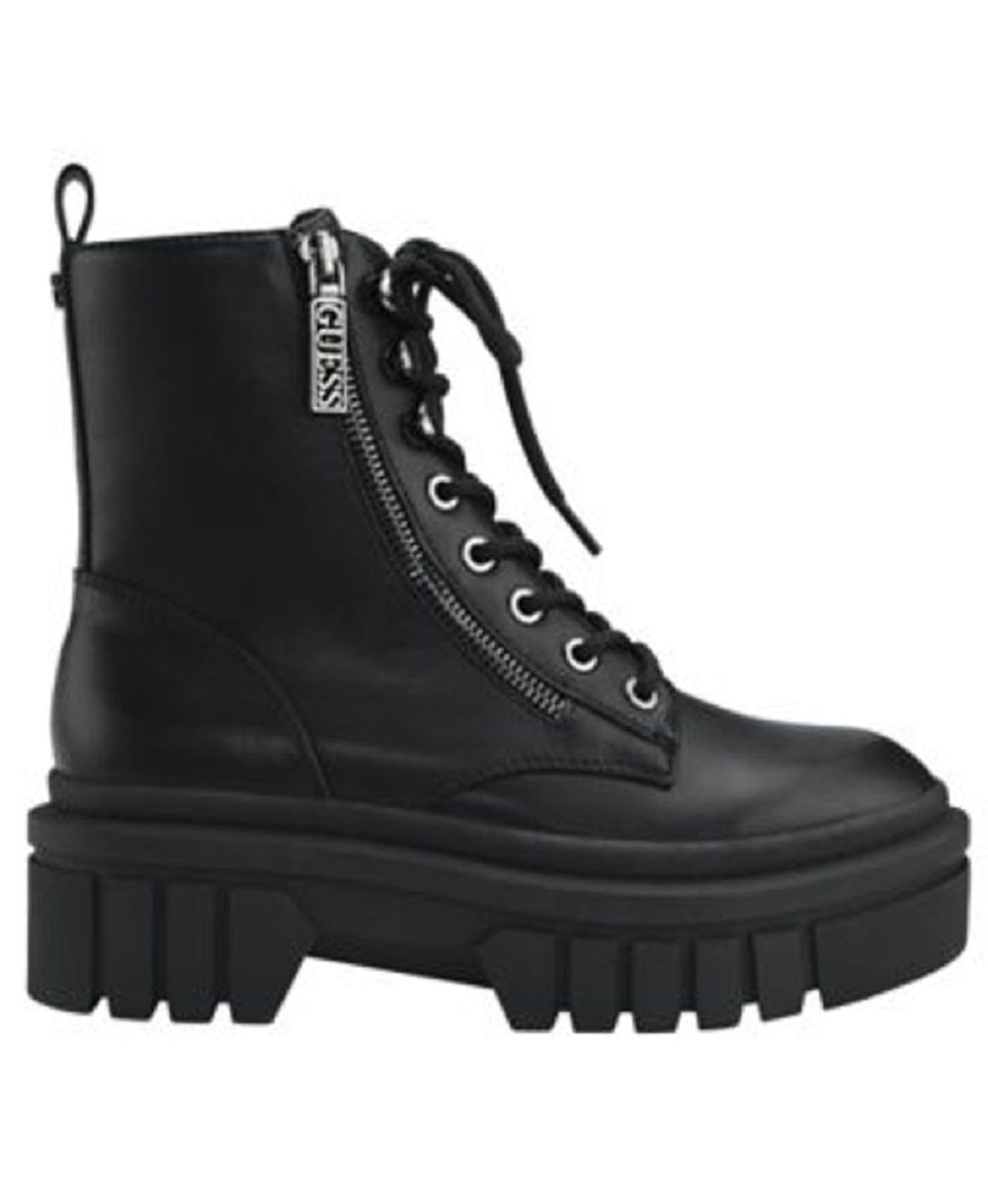 Botas femininas GUESS Ferina Combat Lug Sole com cadarço, pretas, tamanho 7 M