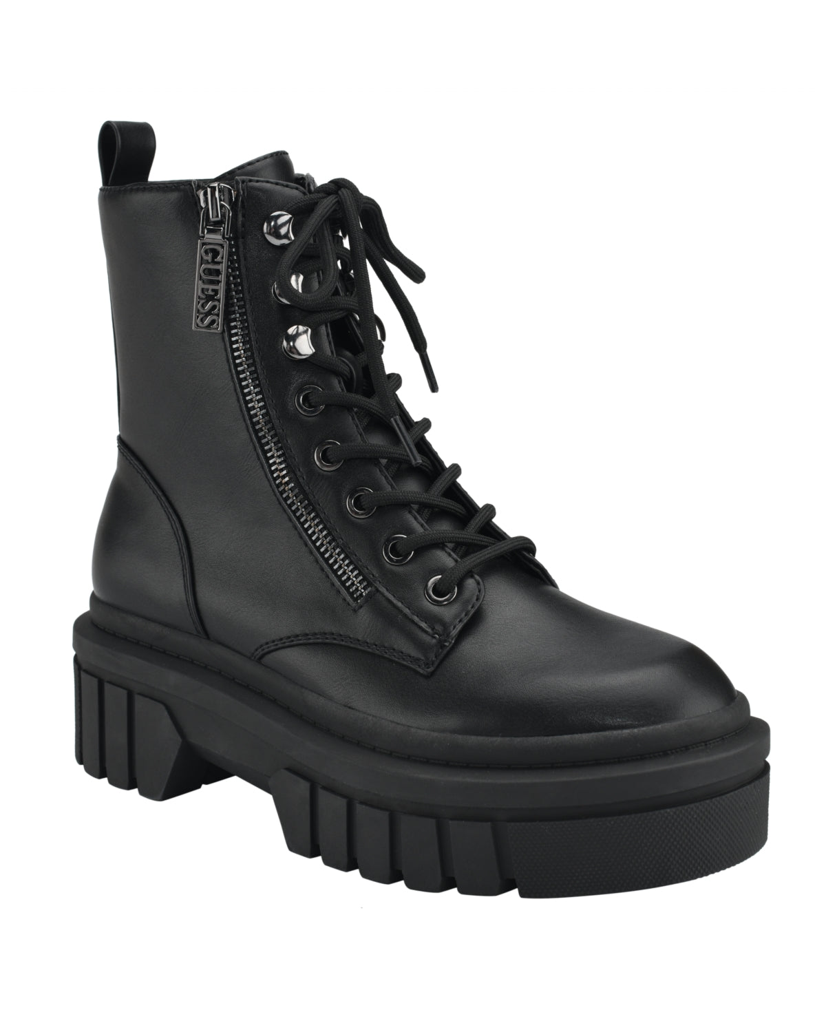 Botas femininas GUESS Ferina Combat Lug Sole com cadarço, pretas, tamanho 7 M