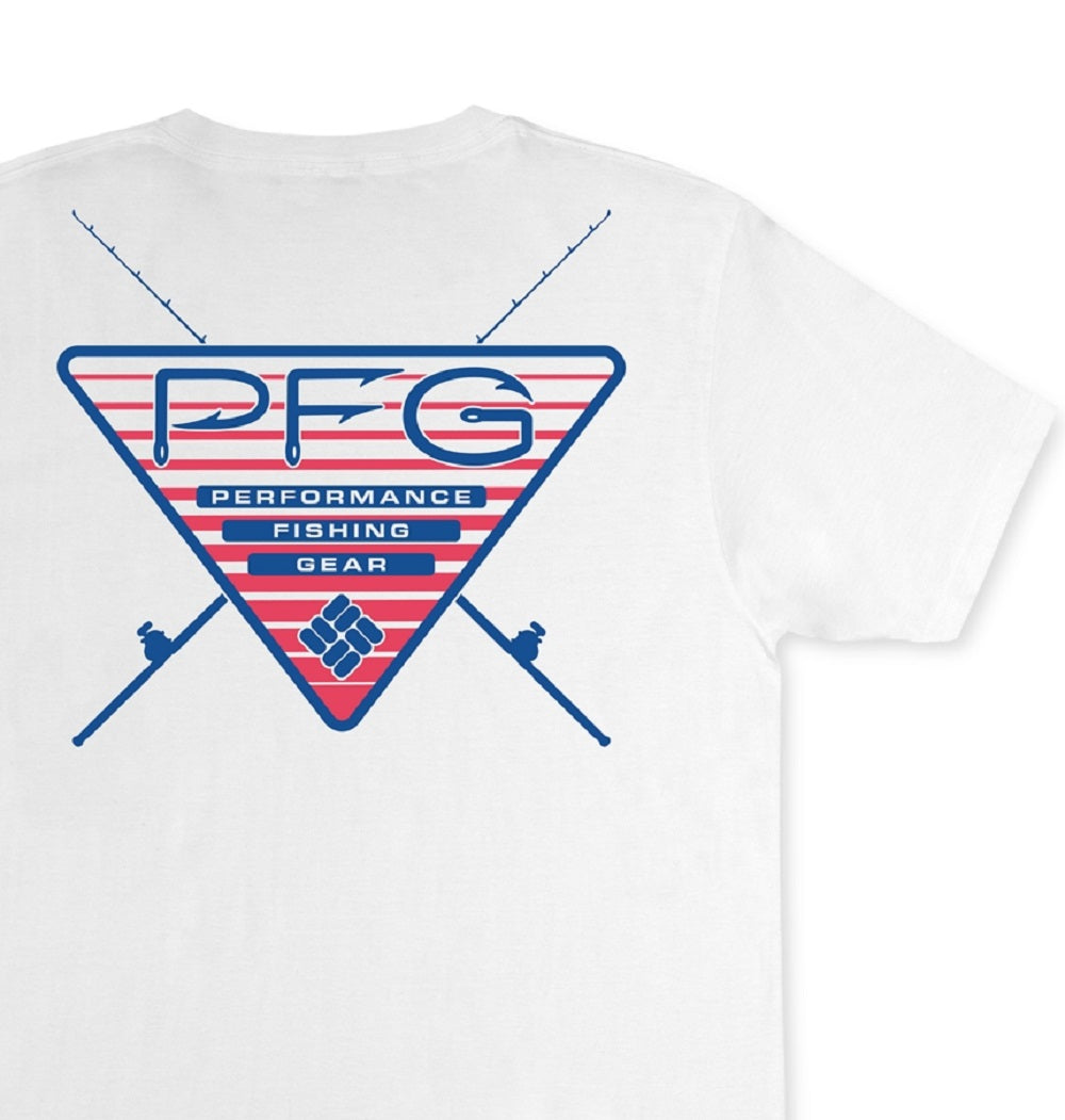 Camiseta Columbia Performance Fishing Gear com logotipo triangular, branca, tamanho pequeno