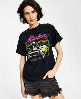 Camiseta feminina Junk Food Cotton Mustang com estampa gráfica, preta, tamanho extragrande