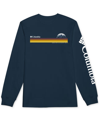 Camiseta Columbia Masculina Classic Fit Listrada com Logo e Manga Longa Azul Tamanho P