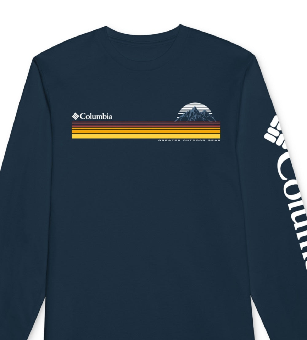 Camiseta Columbia Masculina Classic Fit Listrada com Logo e Manga Longa Azul Tamanho P