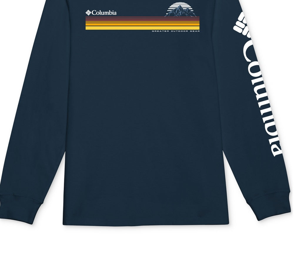 Camiseta Columbia Masculina Classic Fit Listrada com Logo e Manga Longa Azul Tamanho P