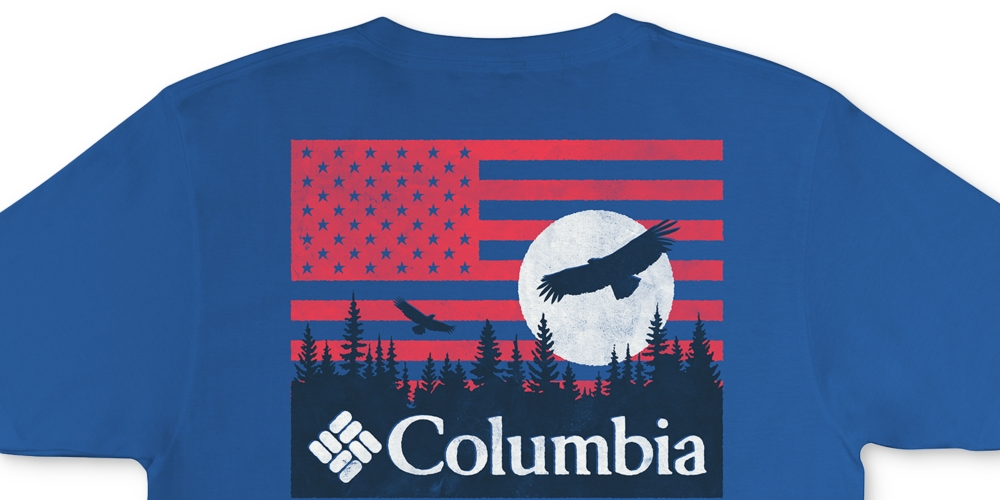 Camiseta Columbia Masculina de Algodão com Gola Redonda e Estampa Azul, Tamanho Grande