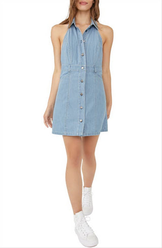Free People Women's Sami Denim Halter Minidress Blue Size Medium