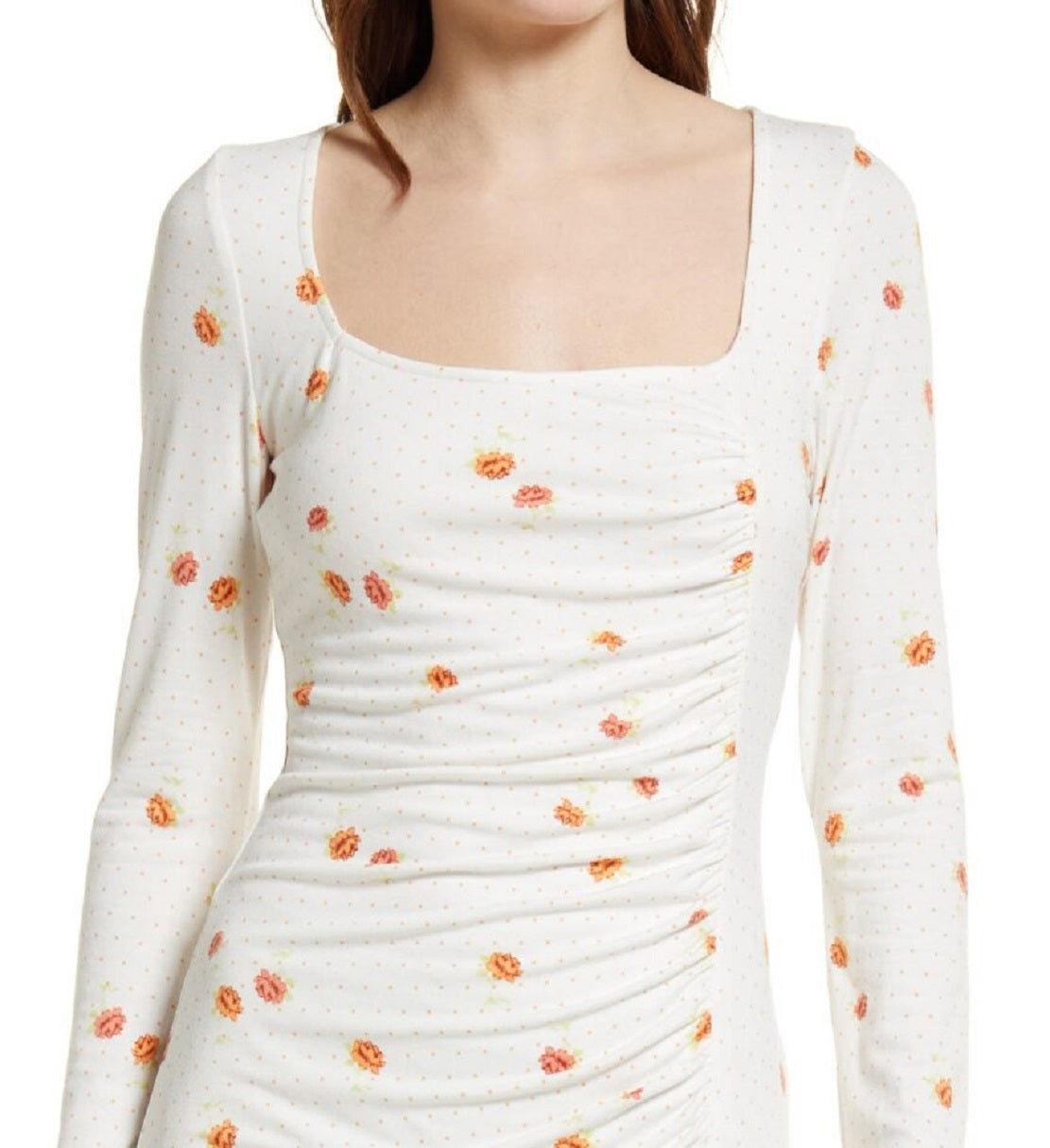 Vestido Celia Floral com decote quadrado e manga comprida, tamanho X-S
