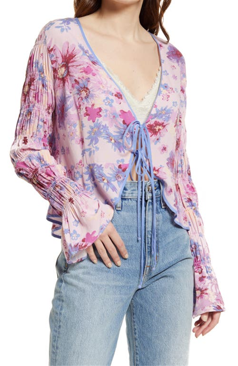Blusa feminina Venice Floral com amarração frontal, roxa, tamanho extrapequeno