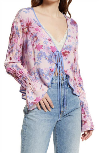 Blusa feminina Venice Floral com amarração frontal, roxa, tamanho extrapequeno