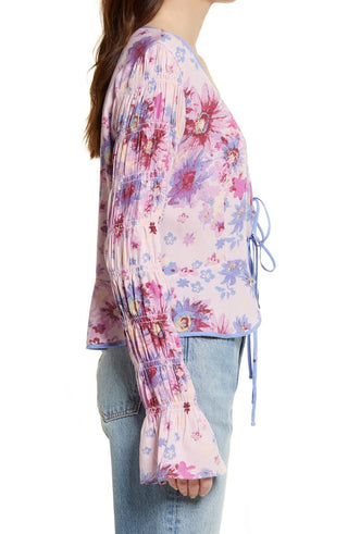 Blusa feminina com amarração frontal floral Venice da Free People, roxa, tamanho pequeno