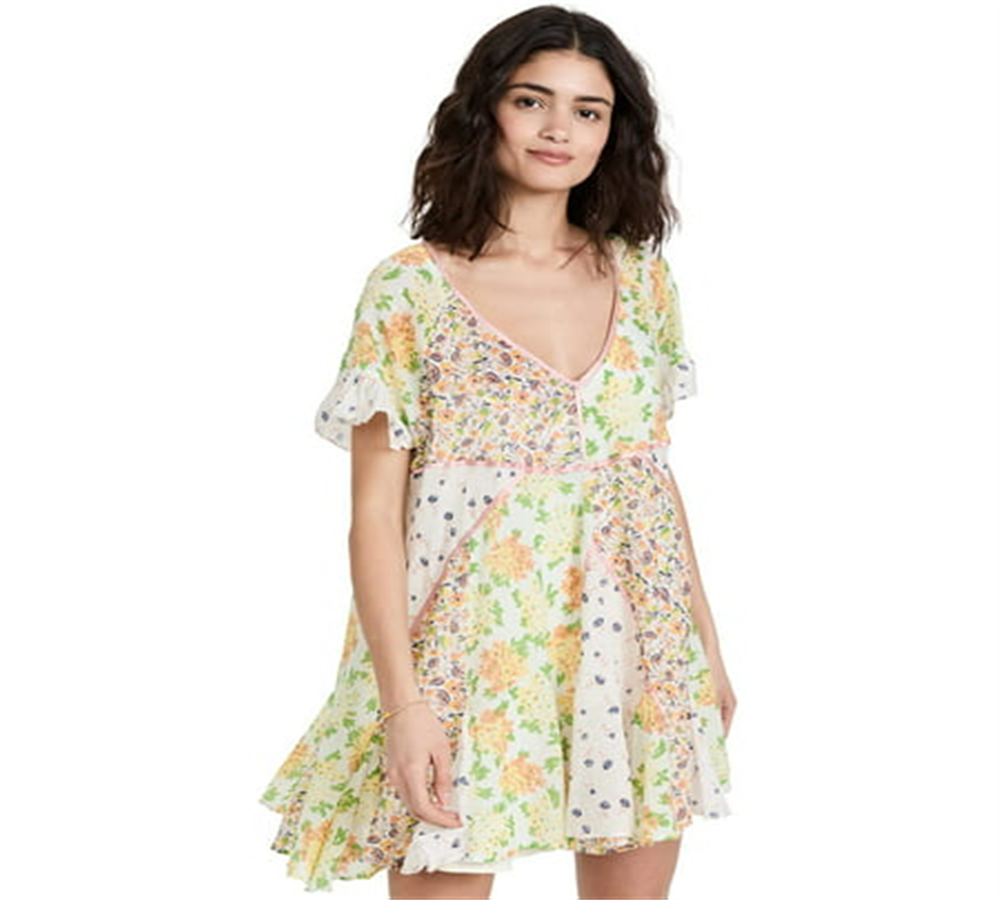 Minivestido de algodão com patchwork de flores silvestres feminino Free People, marrom, tamanho médio