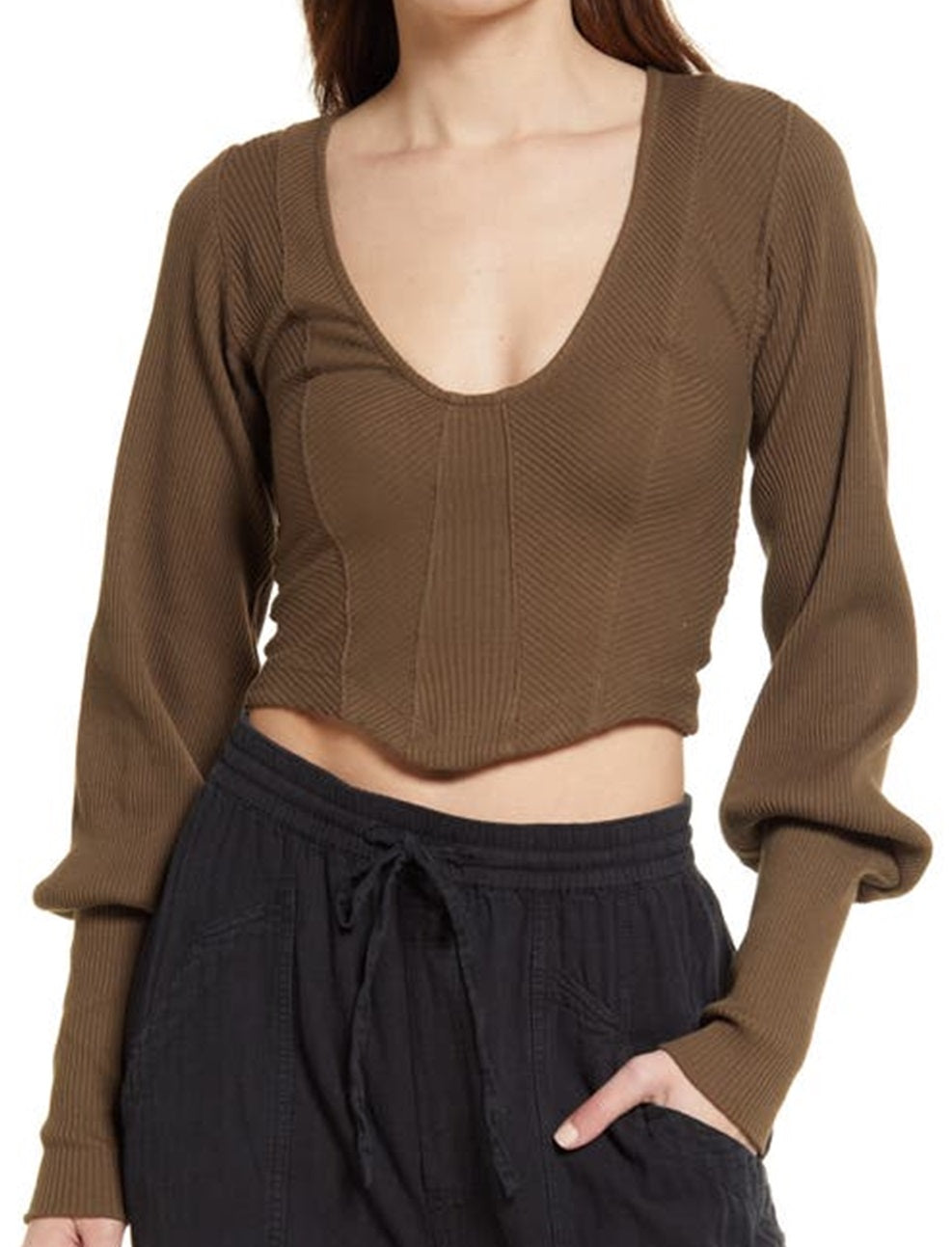 Blusa curta feminina Petra com decote em U e mistura de algodão, marrom, tamanho médio