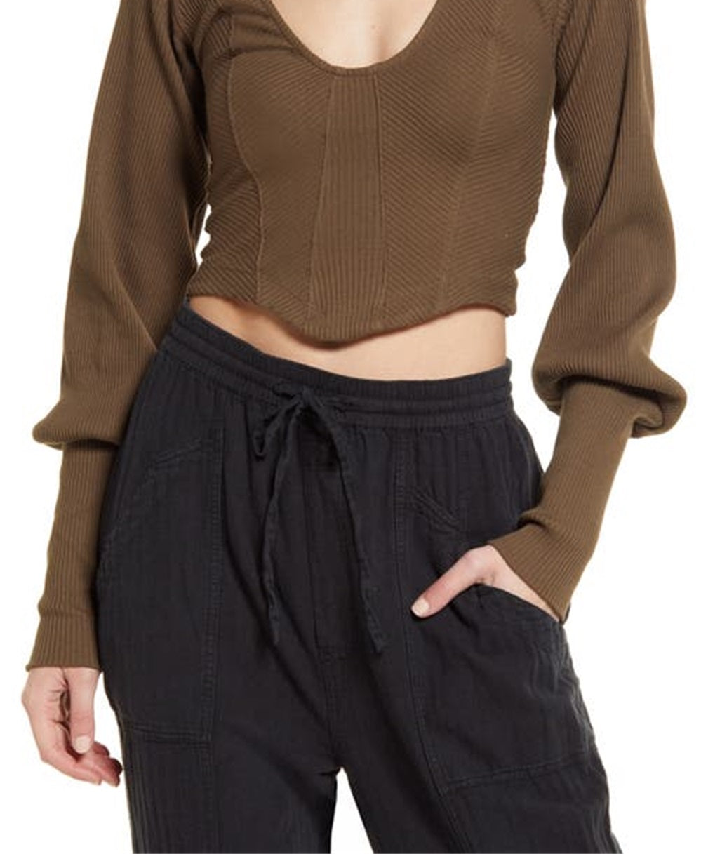 Blusa curta feminina Petra com decote em U e mistura de algodão, marrom, tamanho médio