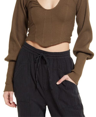 Blusa curta feminina Petra com decote em U e mistura de algodão, marrom, tamanho médio