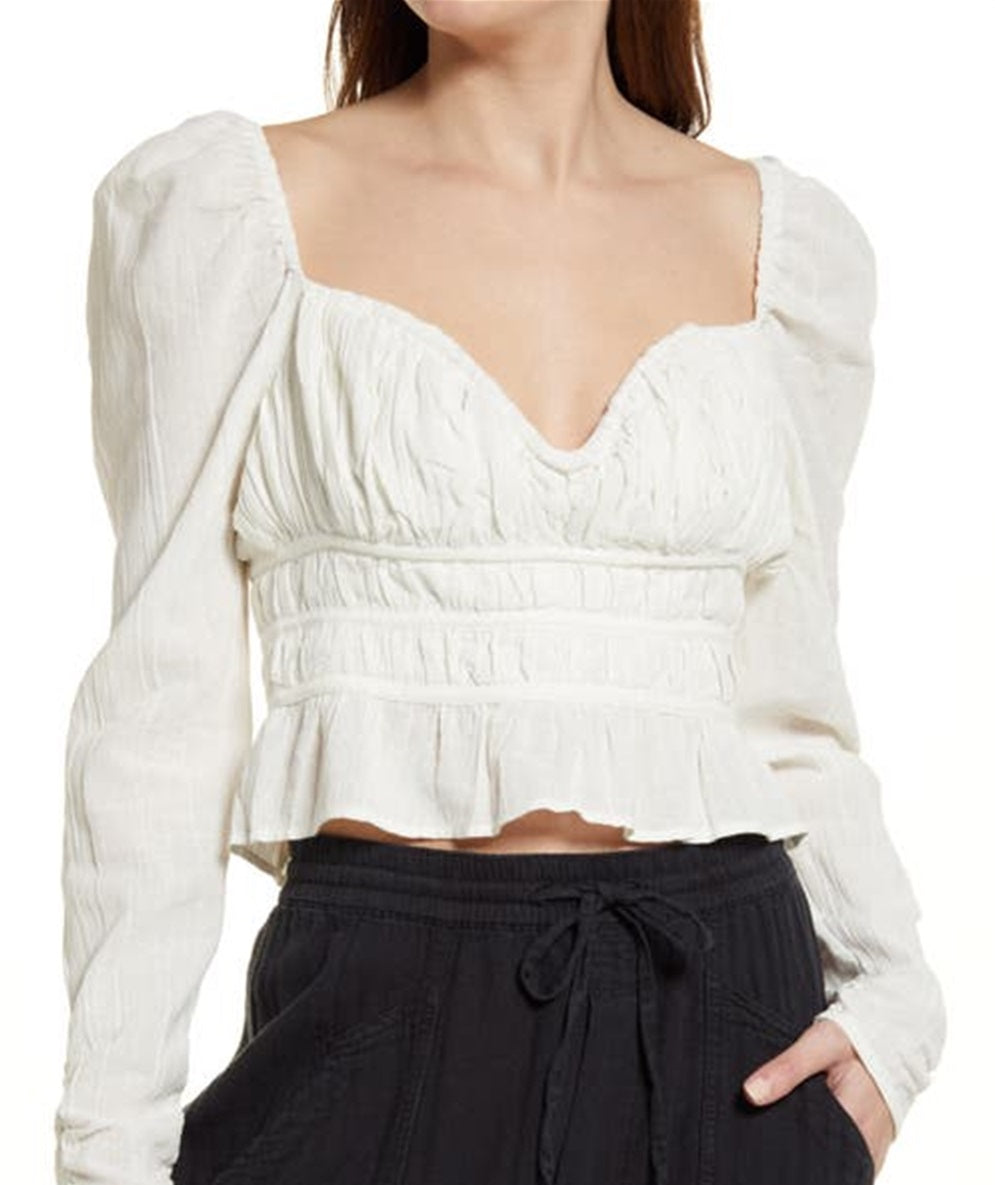 Blusa de algodão com gola alta Chloe Smocked da Free People para mulheres, branca, tamanho médio